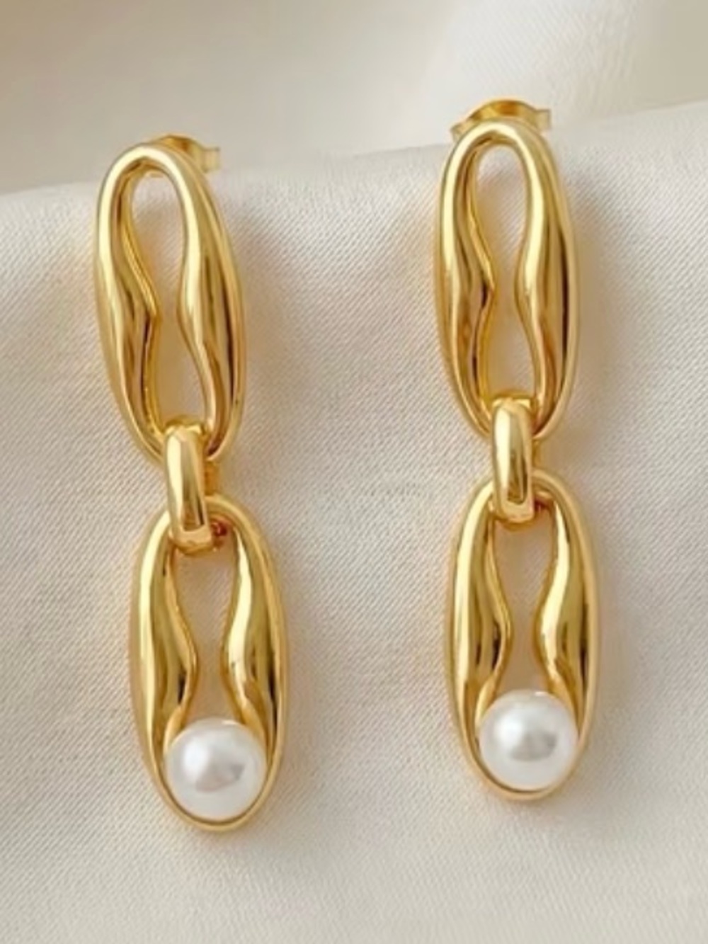 Gold faux Pearl Drop Link Earrings - Women Jewelry